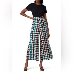 PatBo Check Print Tie Waist High Rise Slit Wide Leg Satin Pants 4 FLAWED